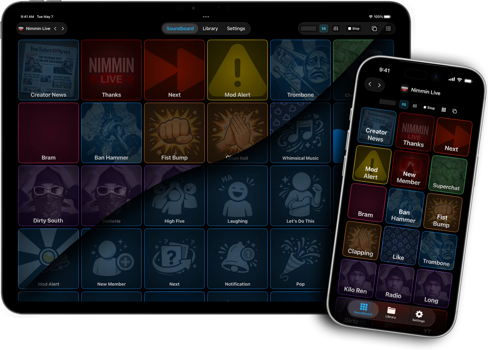 AudioPads soundboard running on iPad and iPhone